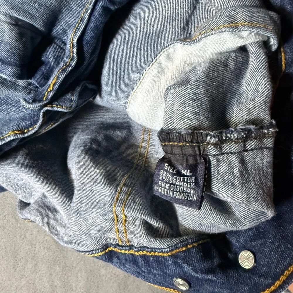 AHP Mens XL Blue Denim Trucker Jacket Corduroy Collar Sandblasted Stretch Cotton